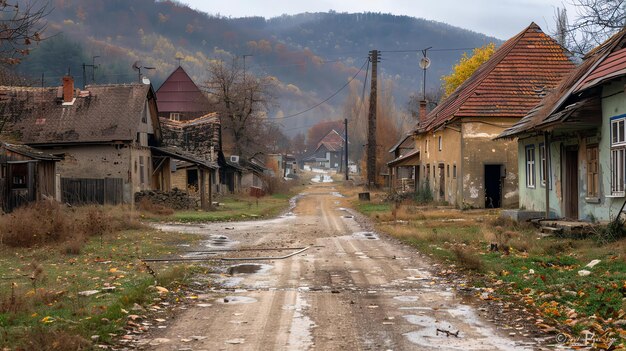 Foto un camino largo y sinuoso conduce a través de un pequeño pueblo el camino está alineado con viejas casas abandonadas el pueblo está rodeado de árboles y colinas