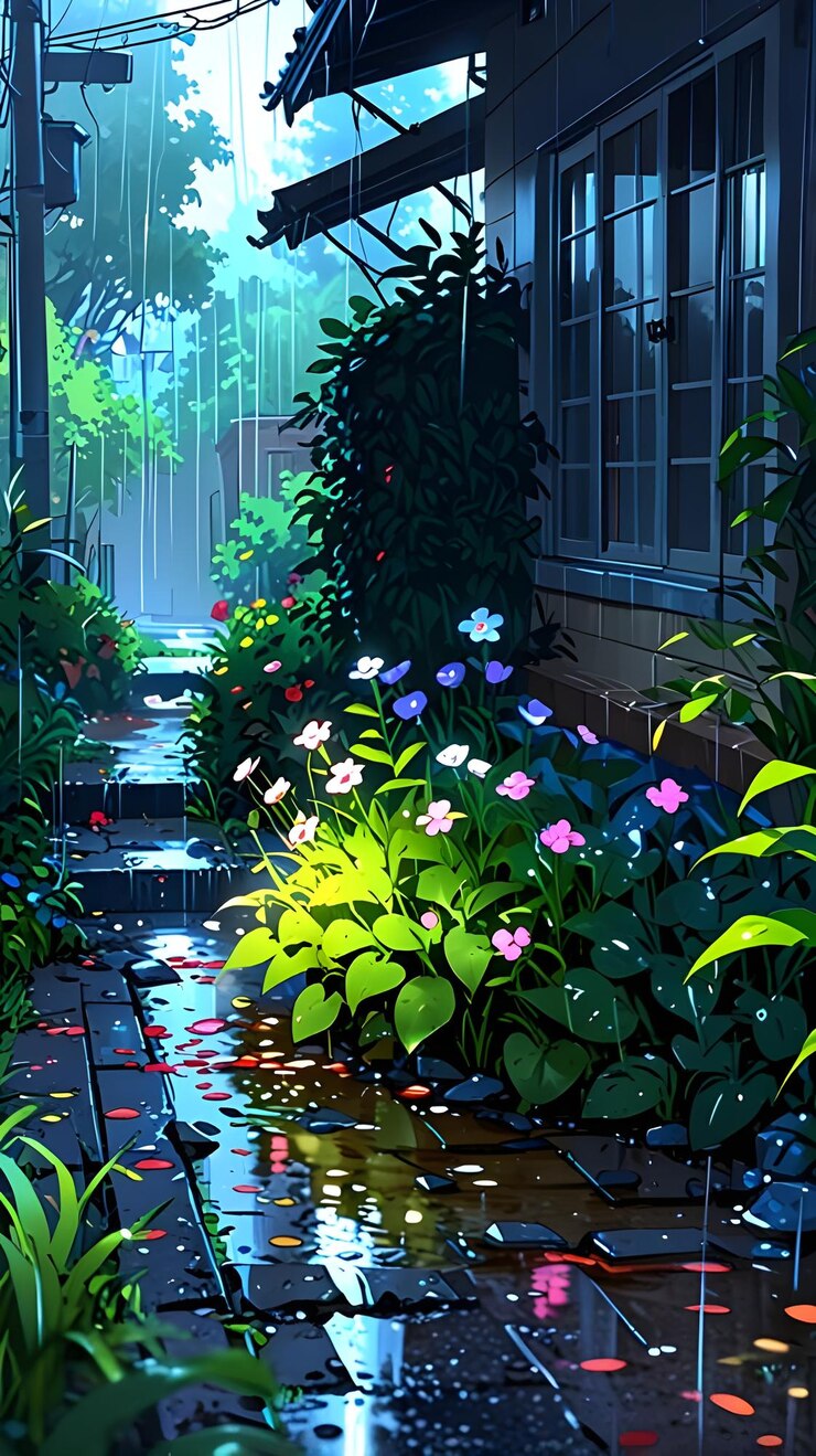 un camino en la lluvia con un jardín en el fondo