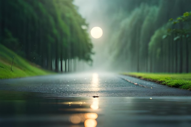 un camino bajo la lluvia con una luna llena en el fondo.