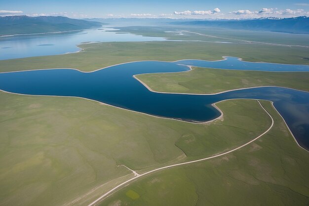 Foto el camino a lo largo del lago dukhovoe desde el aire el lago baikal está en la distancia la república de buryatia