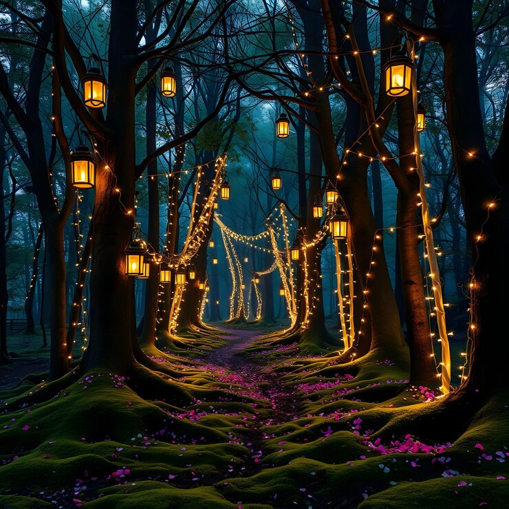 un camino con luces que dicen luces en él