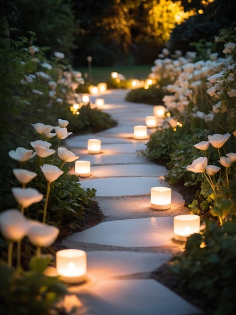 Un camino a la luz de las velas blancas en un jardín