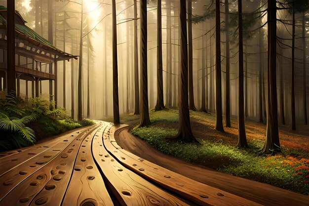 Foto camino de madera en un bosque de fantasía con un mirador de madera