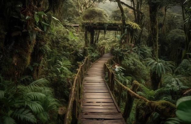 Un camino de madera en el bosque con un puente en el medio.