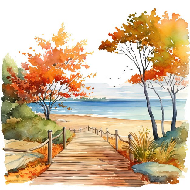 Camino de madera a la playa con árboles de otoño en la orilla