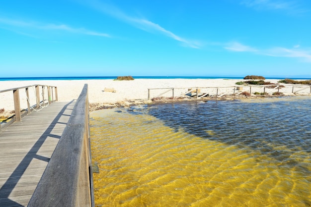 Camino de madera a la playa en Cerdeña Italia