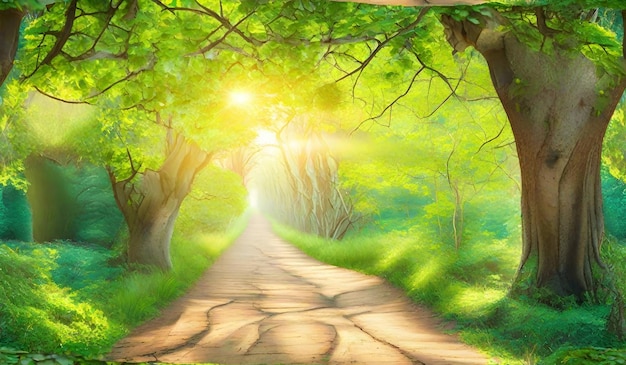Camino mágico del bosque y túnel de árboles al amanecer en primavera