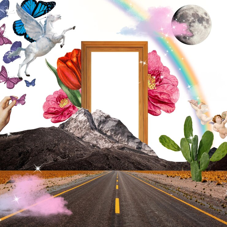 Foto camino mágico png frontera trasfondo transparente estética surrealista escapismo arte de collage