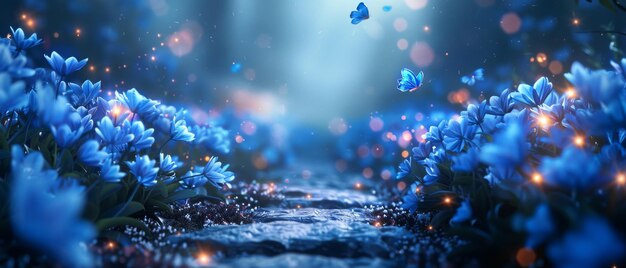 Foto un camino mágico que conduce a través de una cueva de mazmorras de piedra a un resplandor místico fantásticas campanillas azules flores de campanula y mariposas azules voladoras escena de fantasía idílica tranquila sin gente