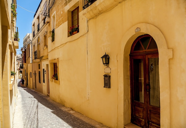 El camino medieval tradicional con plantas trepadoras en las paredes en Malta.