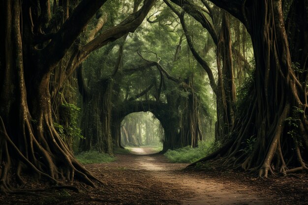 Foto camino en medio de un bosque con árboles de hojas grandes y verdes