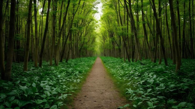 Camino en medio de un bosque lleno de diferentes tipos de plantas verdes