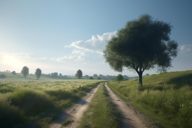 Un camino en medio de un campo con un árbol