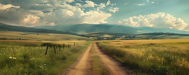 Foto un camino en el medio de un campo con una montaña en el fondo