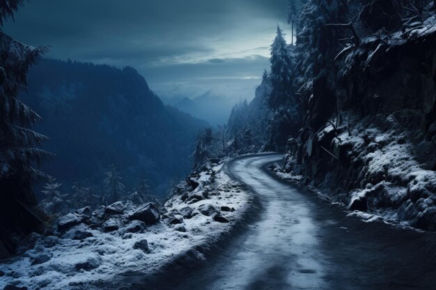 un camino en el medio de una montaña nevada