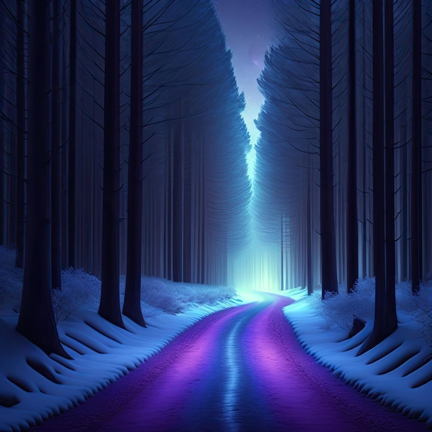 Camino misterioso en el bosque de invierno de medianoche Siluetas de árboles en la oscuridad Obra de arte digital