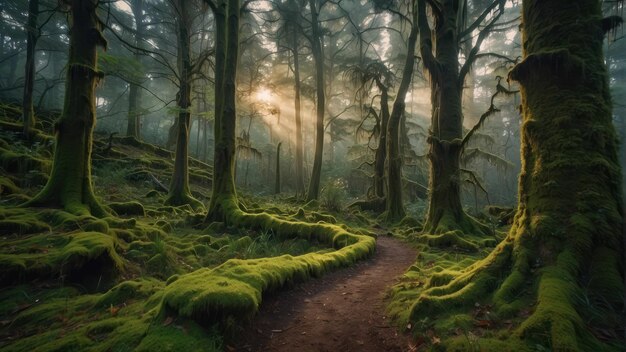 Foto el camino místico del bosque en la etérea luz de la mañana