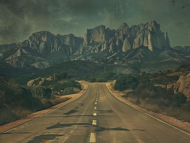 Foto un camino con una montaña en el fondo y un letrero que dice un camino