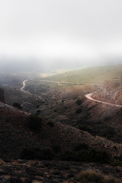 Foto camino de montaña con niebla