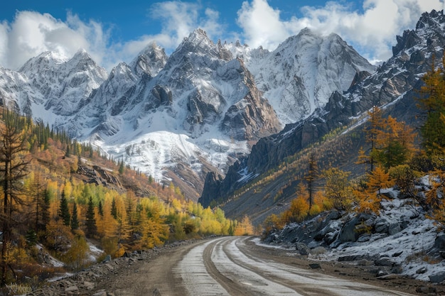 Camino de montaña de otoño con picos nevados en un día soleado