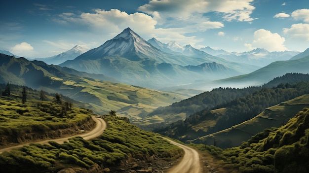 El camino entre las montañas y los árboles