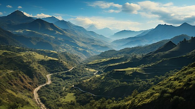 Foto el camino entre las montañas y los árboles