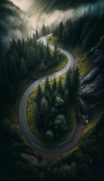 Un camino en las montañas con un bosque al fondo