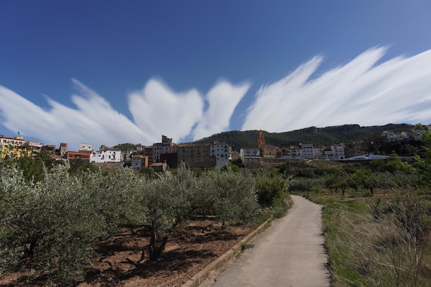 Un camino en las montañas con un cielo azul y nubes