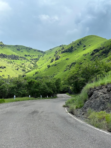 Un camino en las montañas con colinas verdes y una raya blanca.