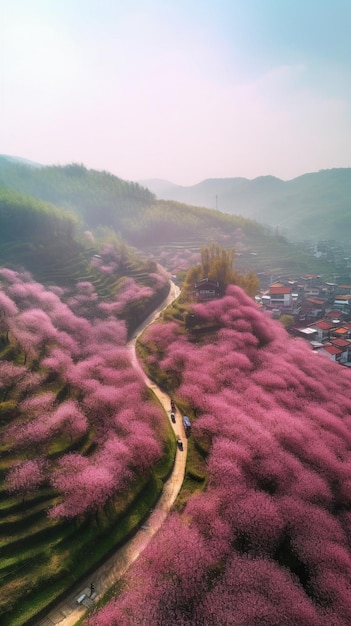 El camino a las montañas está cubierto de flores rosas.