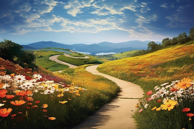 un camino a las montañas con flores y montañas al fondo