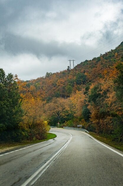 Camino entre montañas llenas de árboles otoñales.