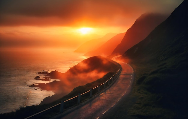 Un camino va entre las montañas y el océano al atardecer.