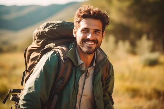 Camino por las montañas Sonriente mochilero en una caminata