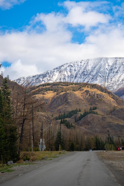 Camino en las montañas del sur de altai con vista a las cumbres nevadas y al bosque de primavera rusia