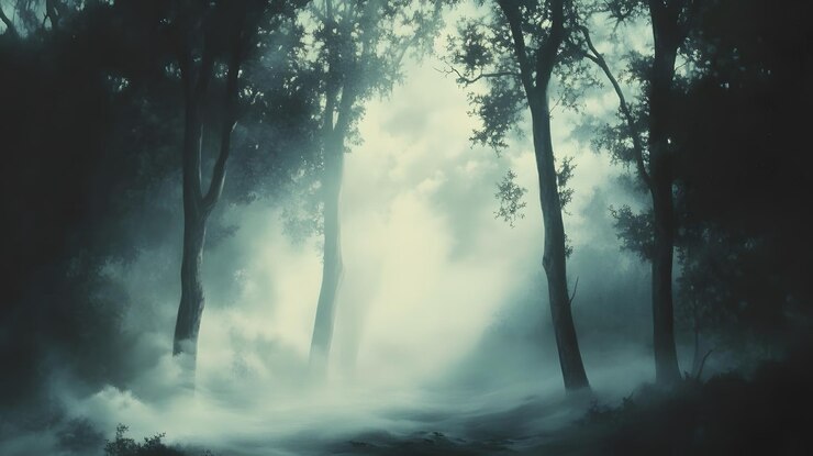 Un camino nebuloso en el bosque con árboles altos y siluetas