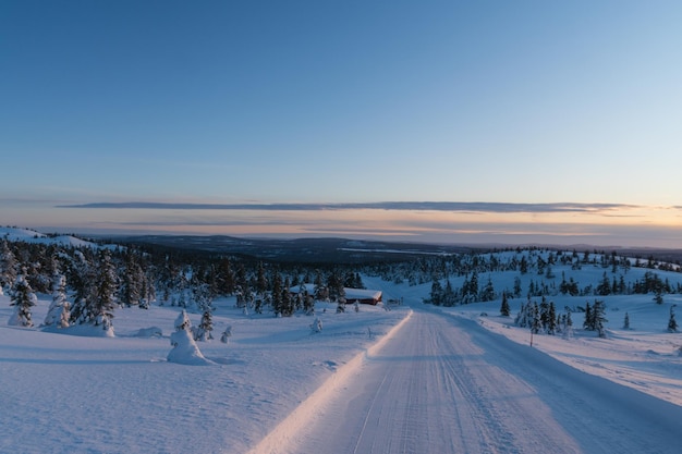 Un camino nevado al atardecer en Laponia Suecia