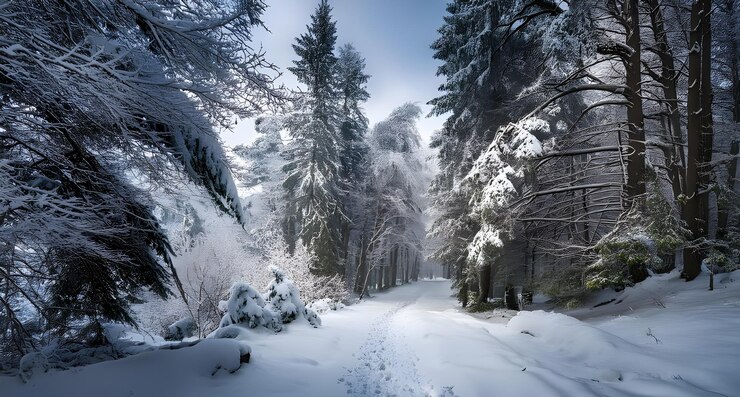 un camino nevado con un camino cubierto de nieve y árboles