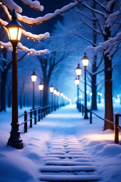 Camino nevado iluminado en un parque en un fondo de noche fría de invierno