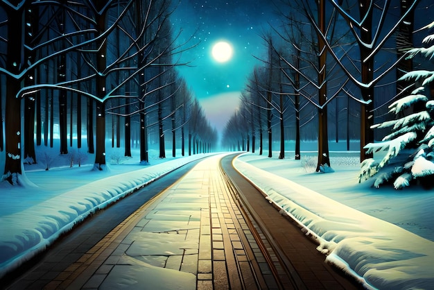 Foto camino nevado iluminado en un parque en una fría noche de invierno aspecto realista de alta resolución ultra hd