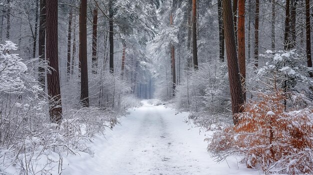 Camino nevado de invierno a través del bosque Camino de invierno por un bosque cubierto de nieve