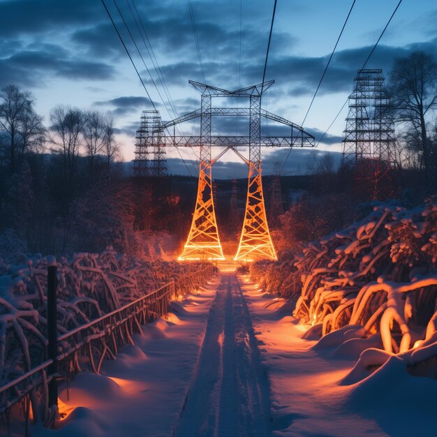 Foto camino nevado con líneas eléctricas