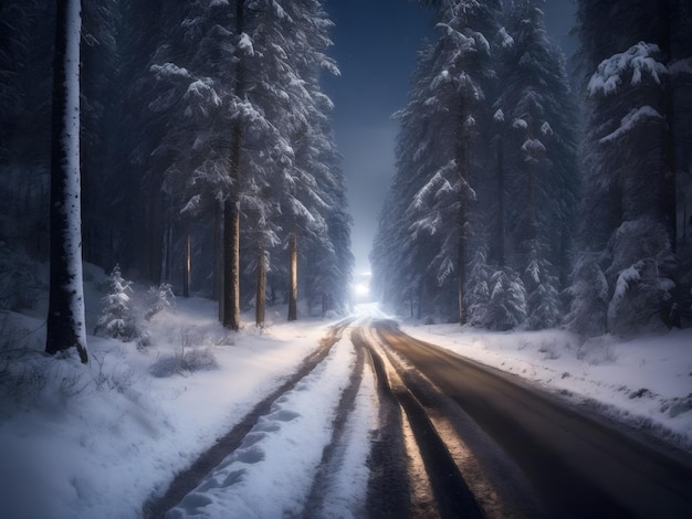 Un camino nevado en medio de un bosque por la noche.