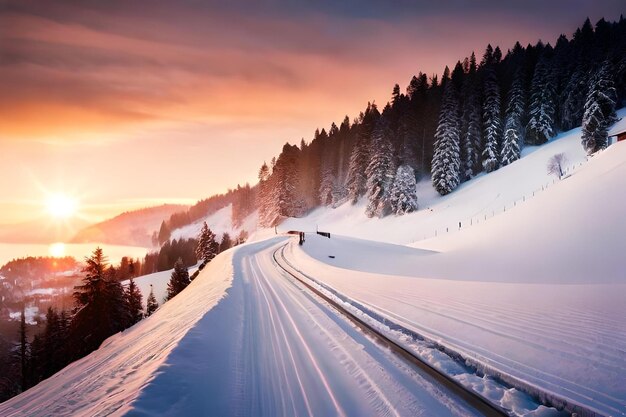 Foto un camino nevado con una montaña al fondo