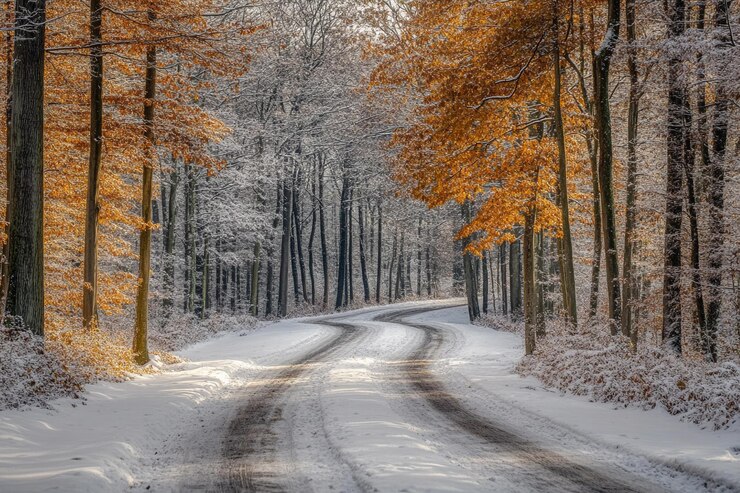 Un camino nevado sinuoso a través de un bosque que muestra el follaje de otoño y los árboles cubiertos de helada a principios del verano.