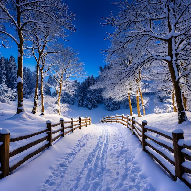 Foto un camino nevado con una valla y árboles en el fondo