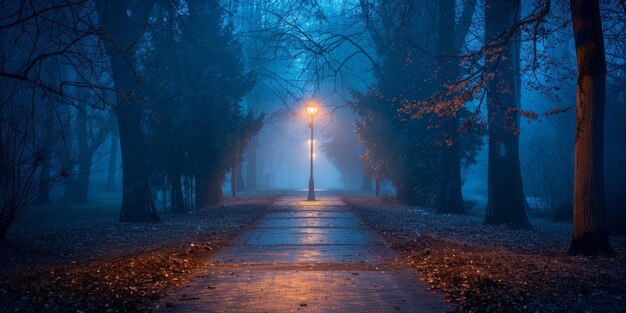 Camino de niebla en el parque por la noche