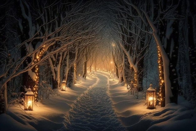 Un camino en la nieve con luces