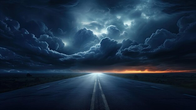 Camino nocturno contra el fondo de nubes cumulus