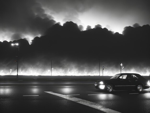 Camino nocturno contra el fondo de nubes y humo